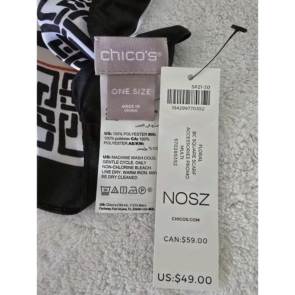 Chicos Floral Square Scarf Greek Key Border 42